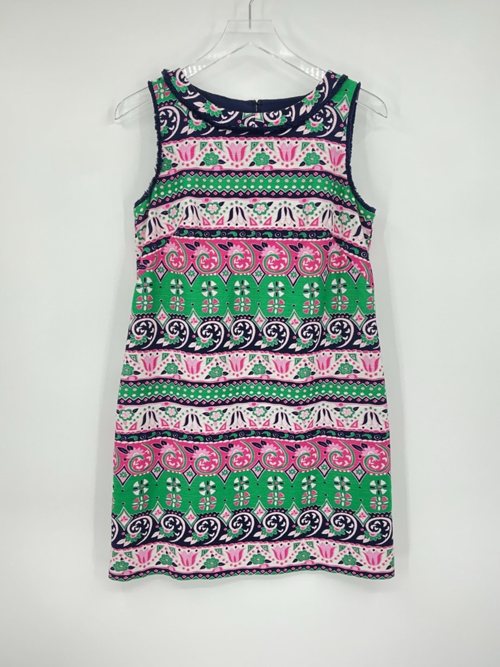 Talbots Petite Pink Green Blue Sheath Dress Fringe Trim
